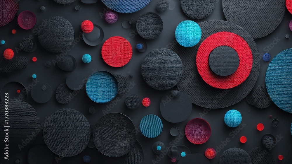 Bright red, blue, and black circles are arranged in an intricate design against a dark backdrop. The circles vary in size and texture, creating a visually engaging composition.