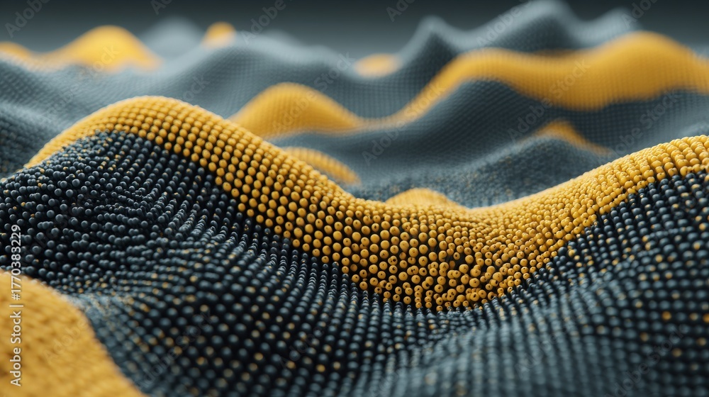 A stunning display of black and yellow particles forms a wavy landscape, creating an illusion of depth. The dynamic surface features intricate textures and a rhythmic flow that captivates the eye.