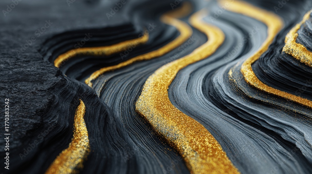 Swirling black textures are interspersed with vibrant gold lines, creating a dynamic and visually striking artwork. This captivating design evokes a sense of movement and depth.