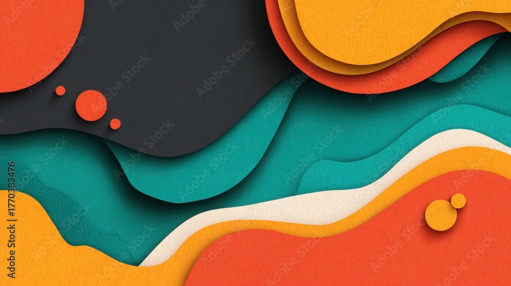 This artwork features flowing shapes in bright colors like orange, teal, and black. The layered design creates depth and movement, drawing the viewers attention to its artistic appeal.
