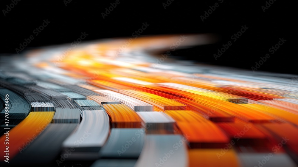 Bright stripes of orange, white, and silver create a swirling pattern against a dark background. The fluid movement suggests energy and innovation, captivating the viewers attention.