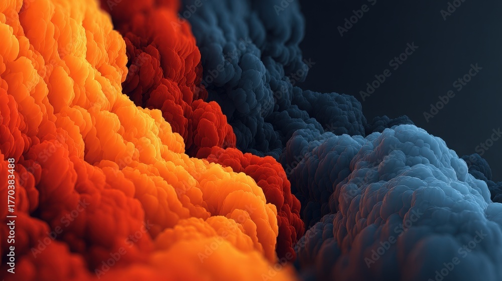 Puffs of smoke in striking colors create dynamic patterns, with vibrant hues of orange, red, and blue blending seamlessly. The scene evokes a sense of movement and depth, capturing attention.