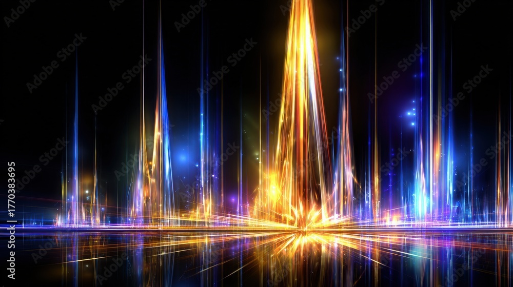 Bright beams of light in various colors shoot upwards in a dark space, creating an energetic and dynamic visual display. The colors blend and shimmer, forming a captivating scene.