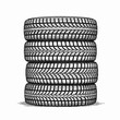 © OlgaNeuroArt - A stack of four car tires in a vintage drawing style. Hand-drawn monochrome line art with detailed tread. Automotive service graphic isolated on a white background