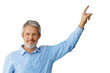 © PeopleVideos - Mature man with grey hair and beard smiling, pointing his finger upwards, indicating direction. Image on a transparent background