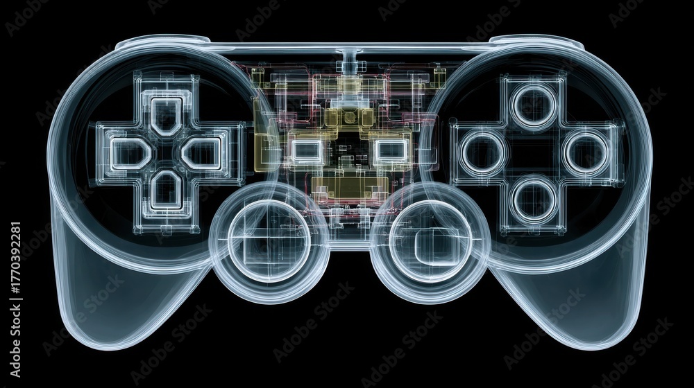 X-ray image of a video game controller showing internal buttons ...