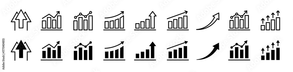 Growth icon set. Containing arrow up, growing graph, business chart ...