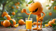 © PhotoPhreak - Joyful cartoon orange character gleefully squeezing fresh juice into a glass amidst a vibrant orchard setting