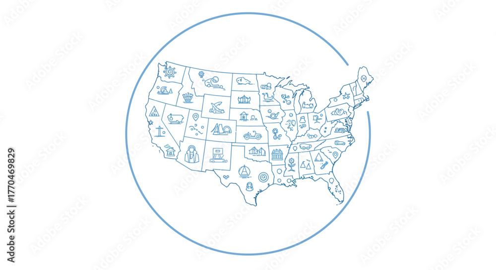 State Simple Icon Minimalist infographic map of the United States illustrated with simple ...
