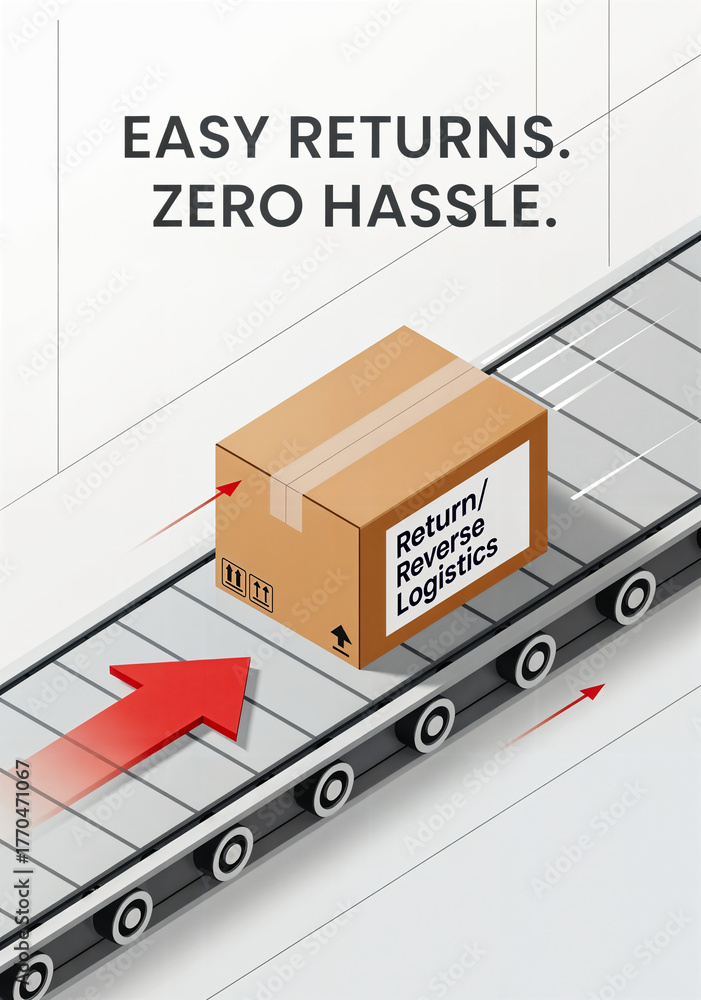 Return Is Reverse Delivery Reverse Logistics package on a conveyor belt with return arrow. Easy ...