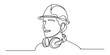 © Icon_gallery - Minimalist continuous line drawing of a person wearing a hard hat and headphones vector
