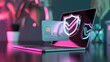 © Art_spiral - neon cyber security payment card with shield check hovering above laptop modern fintech protection concept in pink and blue glow 3d render for online banking privacy and safe transactions