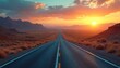 © miss irine - Long highway goes to horizon on sunset. Mountains visible. Sky orange. Road trip in Nevada desert. Freedom concept. Landscape evokes feelings of adventure. Tourism industry use image for travel
