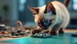 © miss irine - Siamese cat examines circuit board on table. Kitten studies electronic component at workbench. Feline engineer explores tech hardware, repairs device. Small animal investigates innovation, plays with