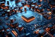 © YouraPechkin - Close-up of a circuit board with a central processor and illuminated components in low light