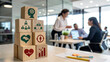 © Tofazzal - Employee wellbeing concept, wooden blocks with physical, mental, emotional health icons, satisfaction programs