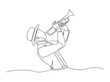 © Mc Doodle - Man holds trumpet in single outline illustration. Continuous line art drawing of Classic Trumpeter . Editable stroke.
