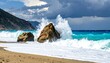 © Ardhana - Dramatic turquoise waves crash against large rocks on a sandy beach under a cloudy sky.