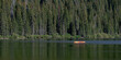 © Connect Images - A serene lake with a lone canoe and vast forest backdrop under a clear sky. Waterton Park, Alberta, Canada
