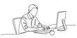 © Creative_Outline2019 - Single continuous line drawing of a person working on a computer at a desk vector