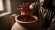 © ON - Studio - Jesus Christ performing the miracle of turning water into wine. A close-up of a divine hand over a clay jar with splashing red liquid. Biblical story of faith and transformation