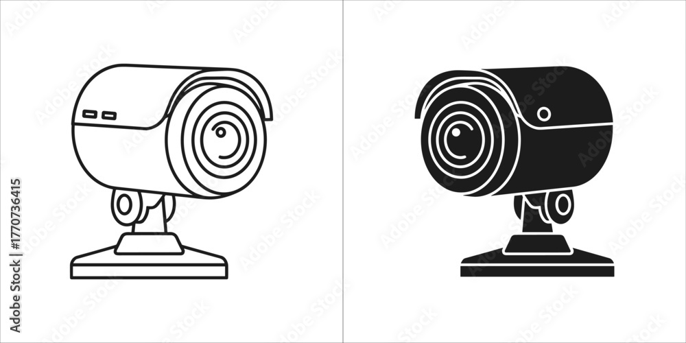 Security camera icon set, depicting both a line art version and a solid ...