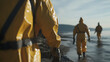 © A2Z AI  - Three figures in yellow protective suits walk along a murky shore, the foreground figure's glove stained with grime, set against a backdrop of calm water and a clear sky.