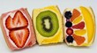 Three colorful fruit sandwiches with whipped cream. Each sandwich features different fruits: strawberries, kiwi, and a mix of berries and citrus. Aesthetic dessert.