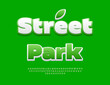 © Popskraft - Vector Urban banner Street Park with Decorative Leaf. Modern Alphabet Letters and Number set. White and Green Unique Font
