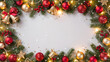 © Nataliia Pyzhova - Christmas frame with fir branches, red and gold baubles, bells, stars, berries and lights on white background. Festive border for holiday design.