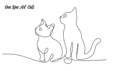 Naklejka na meble one line art drawing two cats, two cats vector with continuous single one line art drawing, new minimalist design minimalism animal pet of cat illustration