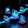 © Cade Foster  - Visualización futurista de flujo de datos con líneas brillantes conectando íconos flotantes como nube, servidor y usuario. Estética UI moderna en modo oscuro para conceptos de tecnología y conexión