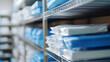 © photo for everything - Shelves stocked with packaged goods. This image showcases neat organization and inventory of blue and white items, perfect for illustrating logistics or healthcare settings.