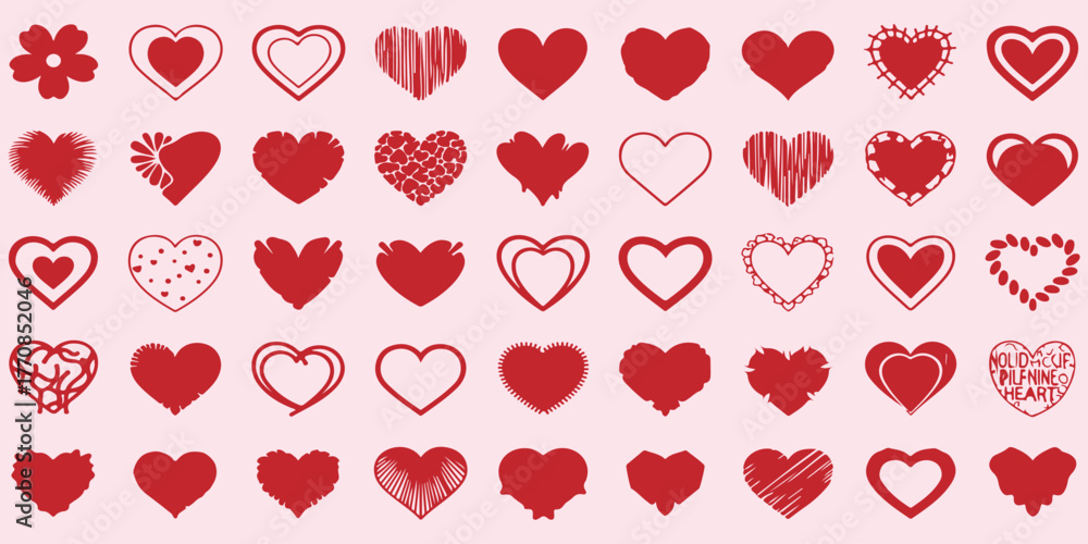 Red Heart Icons Set, Collection Of Love Romance And Symbols For Wedding ...