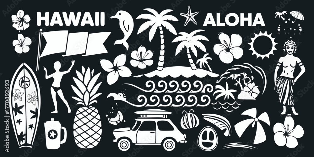 Collection of hawaiian themed icons and illustrations including aloha ...