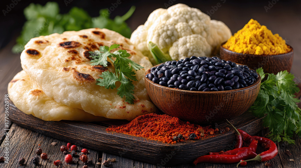 A wooden table with a variety of food items including beans, rice, and vegetables. The table is set with a bowl of beans, a bowl of rice, and a bowl of vegetables