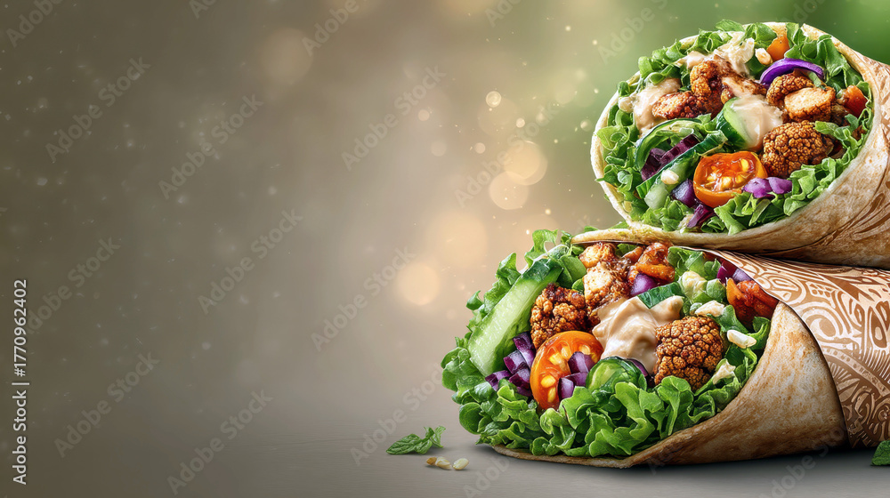 Two burritos with lettuce and other vegetables. The burritos are piled on top of each other
