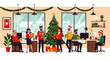© Maya - Flat vector illustration of coworkers exchanging Christmas gifts in a decorated office, cheerful holiday teamwork concept, depicting warmth, love, sharing in special moments