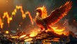 © Olga Gorkun - A majestic phoenix made of gold rises from coins against a glowing stock market graph, symbolizing rebirth of wealth and digital finance trends