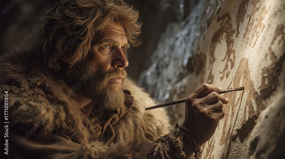 Ilustração Ancient caveman artist creating prehistoric cave wall art ...