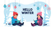 © Amie - Adobe illustrator artwork vector illustration. Two happy kids reading books in winter, with 'Hello Winter' text, snowman, gifts, and decorations