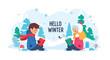 © Amie - Adobe illustrator artwork vector illustration. Two happy kids reading books in winter, with 'Hello Winter' text, snowman, gifts, and decorations