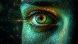 © satya - An ultra-detailed close-up of a human eye illuminated by vibrant digital reflections of glowing green binary code and neon light trails.