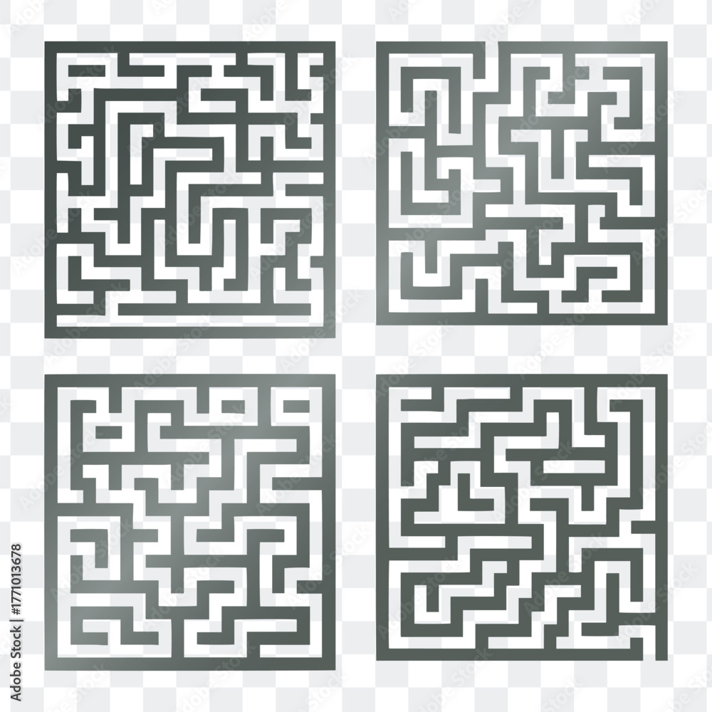 Set of four square geometric mazes puzzle game vector illustration collection