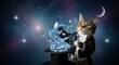 © Jonny Victor - Whimsical tabby cat dressed in a tuxedo performs magic with a glowing crystal ball under a crescent moon and starry night sky