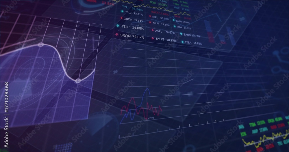 Virtual Ticker Displaying dark dashboard on virtual interface, showing purple grid ...