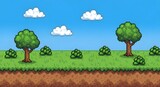 Pixel art landscape with trees bushes clouds and blue sky isolated on white background