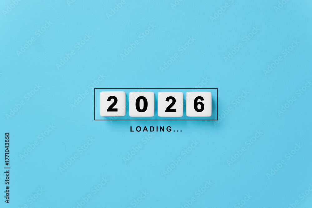 Стоковое фото «2026 New Year Loading. Loading bar dice 2026 on blue ...