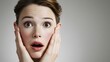 © Jojo* - Young woman displays an expression of intense surprise and shock holding her hands to her face