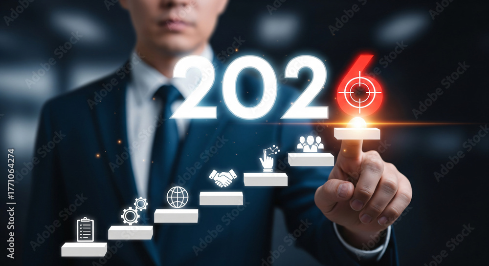 The 2026 new year business goals concept. Businessman touching increase ...